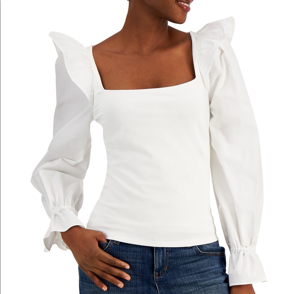 White puff sleeve blouse with square neck
